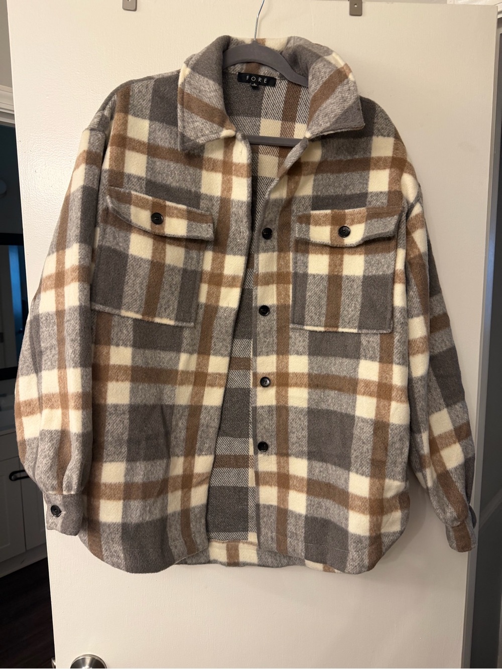 Fore Oversized Plaid Shacket Jacket - Cream, Brown & Gray